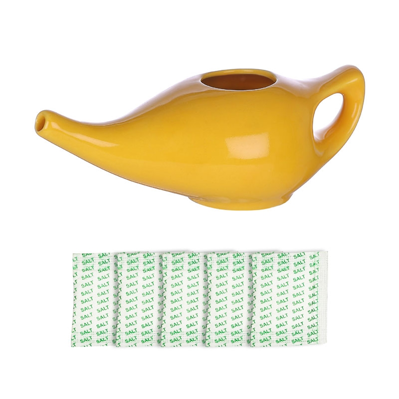 Ceramic Neti Pot Dishwasher Safe Premium Handcrafted with 2 Silicone Nozzle Tip and Salt for Sinus 225 Ml Capacity Yellow