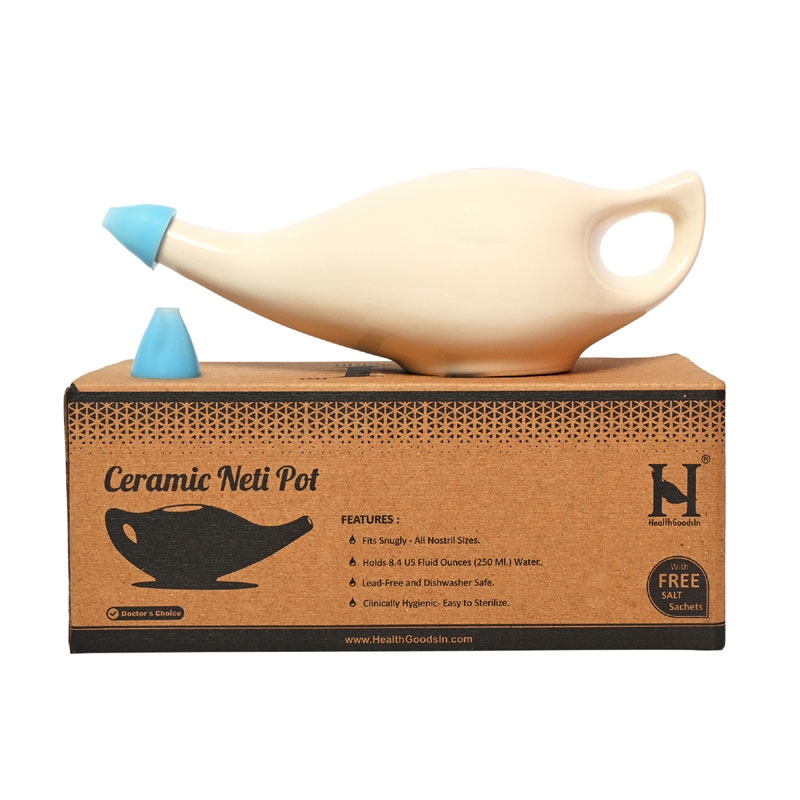 Ceramic Neti Pot Dishwasher Safe Premium Handcrafted with 2 Silicone Nozzle and Salt for Sinus 225 Ml Capacity Cream