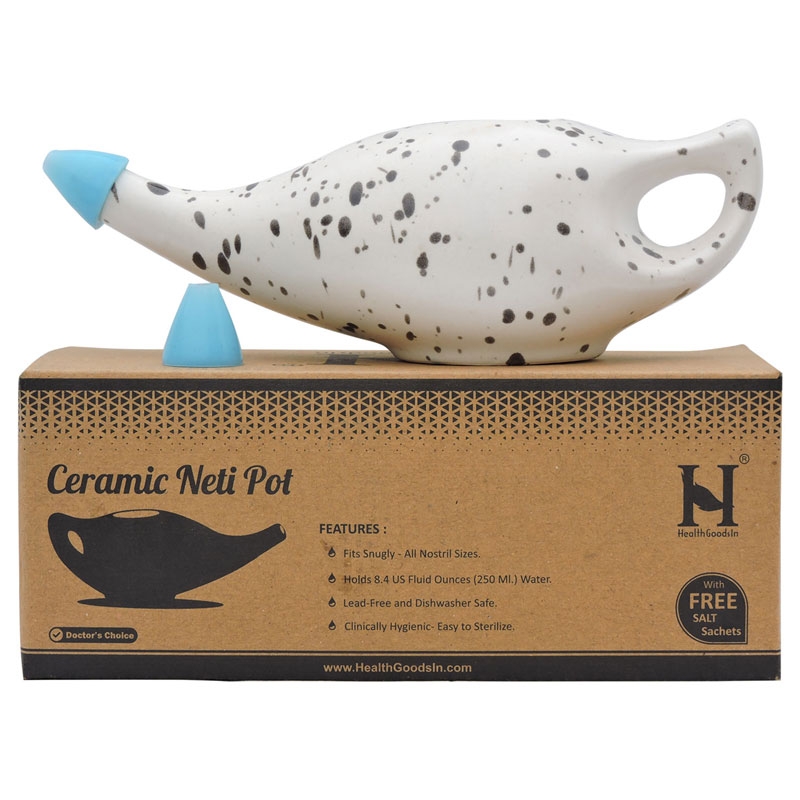 Ceramic Neti Pot Premium Handcrafted Durable Dishwasher Safe with 2 Silicone Nozzle Tip 225 Ml Capacity Dalmatian