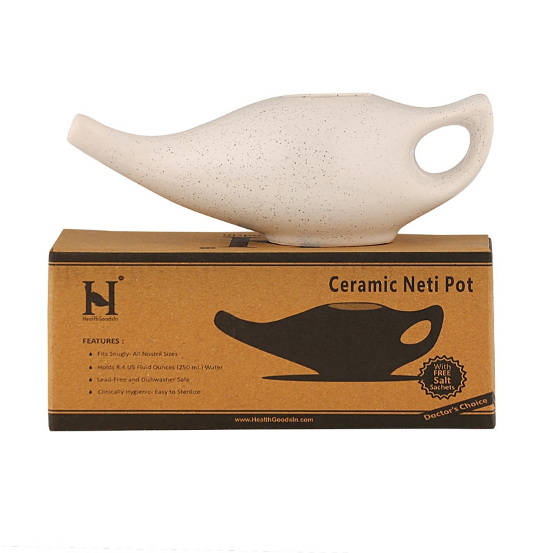 Ceramic Neti Pot Premium Handcrafted Durable Dishwasher Safe with 2 Silicone Nozzle Tip 225 Ml Capacity Dotted Ivory