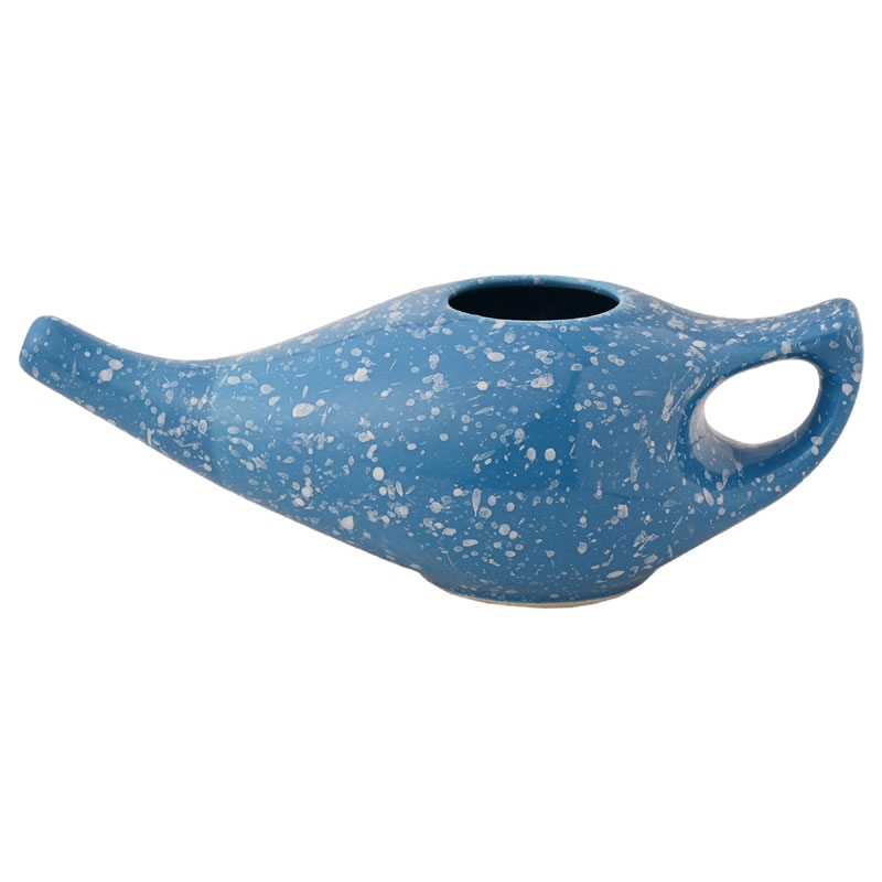 Ceramic Neti Pot with 2 Silicone Nozzle Tip 225 Ml Capacity Blue