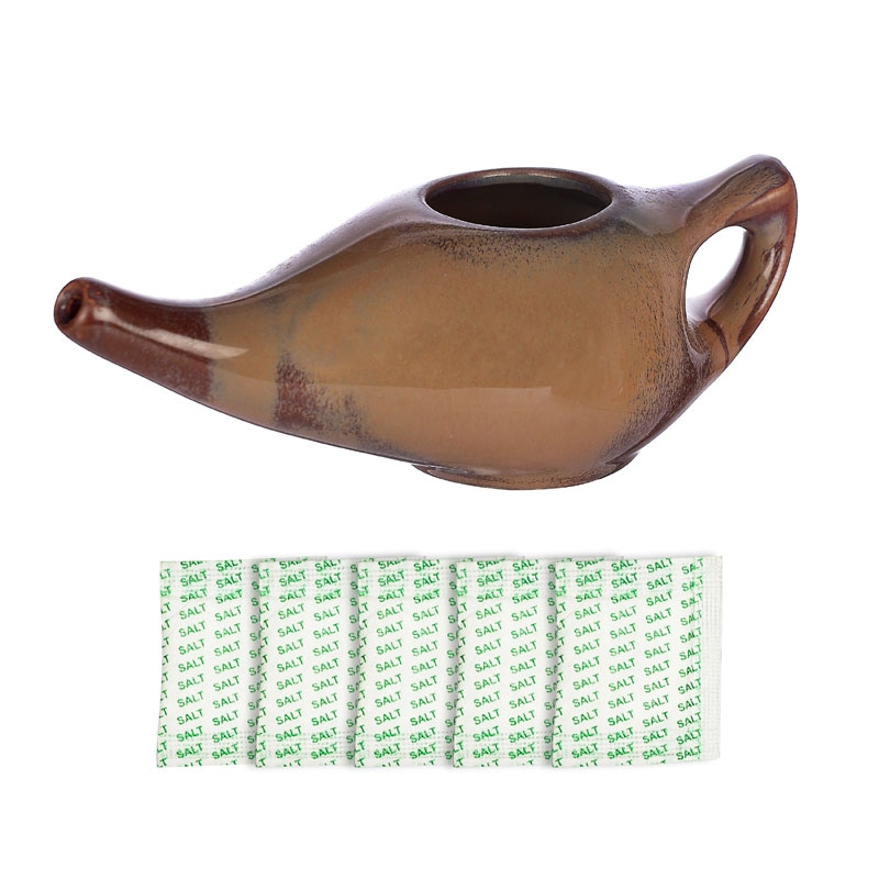 Ceramic Neti Pot with 2 Silicone Nozzle Tip 225 Ml Capacity Chocolate
