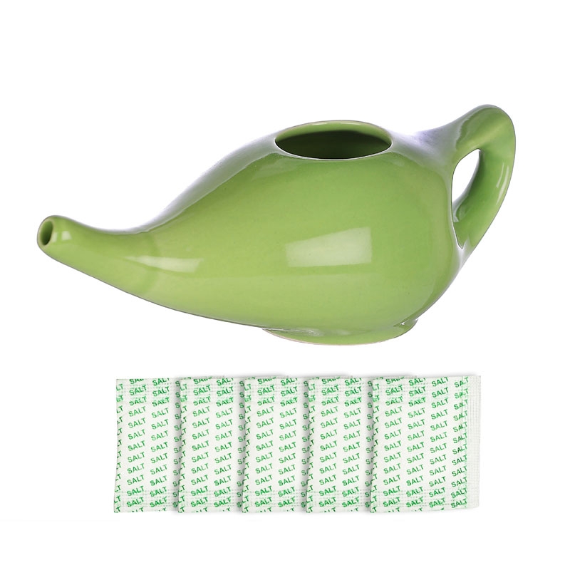 Ceramic Neti Pot with 2 Silicone Nozzle and Salt for Sinus 225 Ml Capacity Green