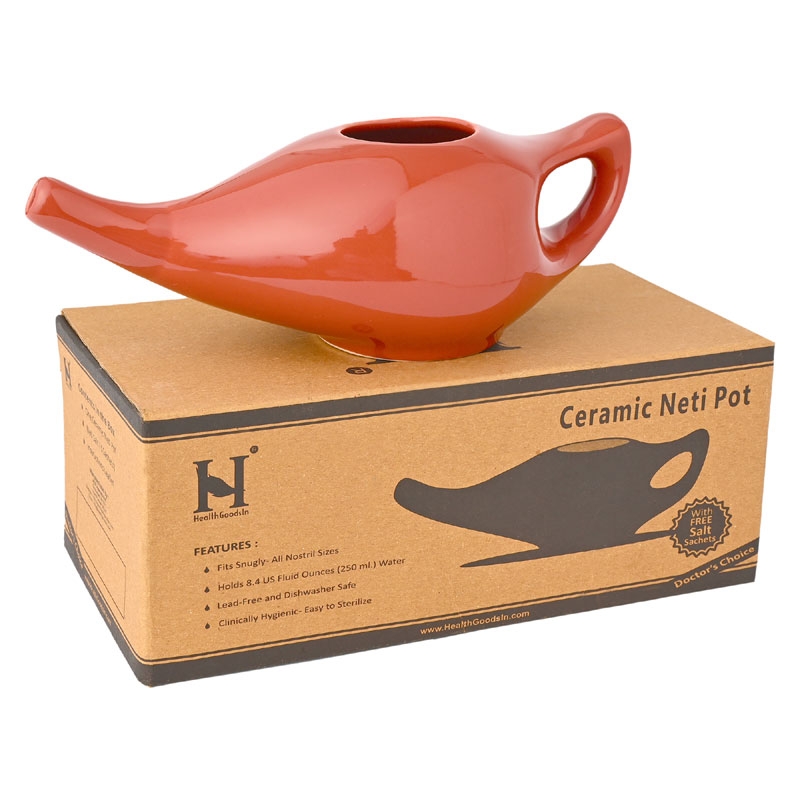 Ceramic Neti Pot with 2 Silicone Nozzle and Salt for Sinus 225 Ml Red