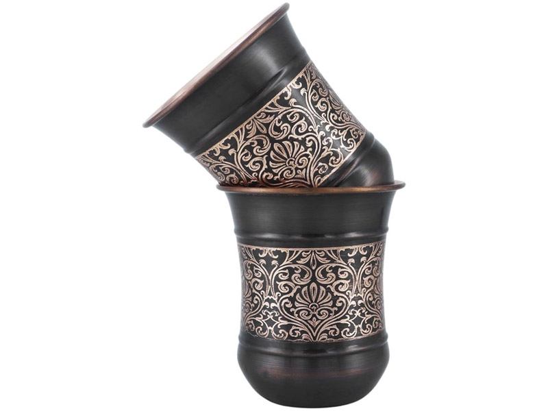 Copper Tumbler Set of 2 Floral Pattern 250 Ml Capacity Curved