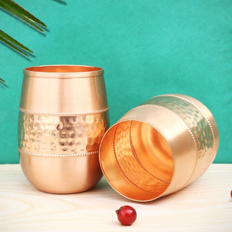 Copper Tumbler Set of 2 Hammered and Plain 250 Ml Capacity Barrel