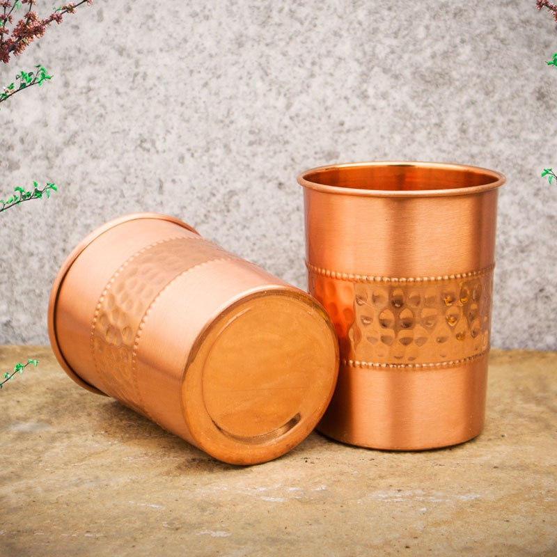 Copper Tumbler Set of 2 Hammered and Plain 250 Ml Capacity Straight