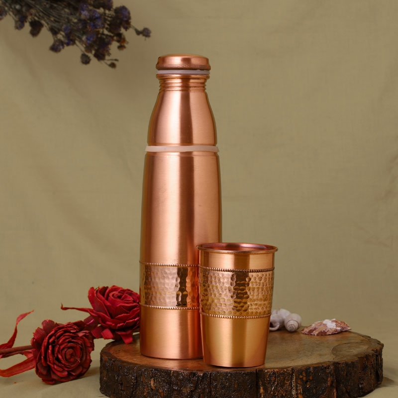 Copper Water Bottle 900 Ml with Tumbler Hammered and Plain Pattern