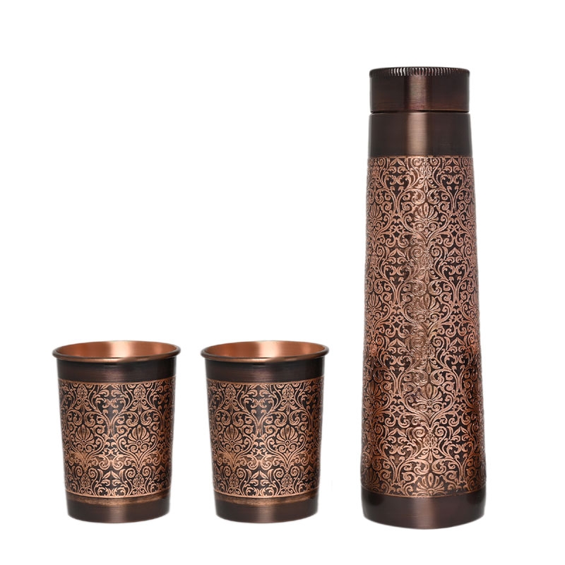 Copper Water Bottle with 2 Matching Tumbler Set Elegant Etching Pattern