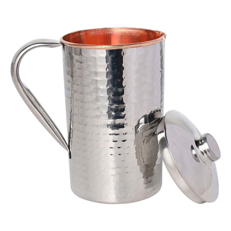 Copper and Stainless Steel Jug Outer Stainless Steel and Inner Copper Jug Hammered Pattern