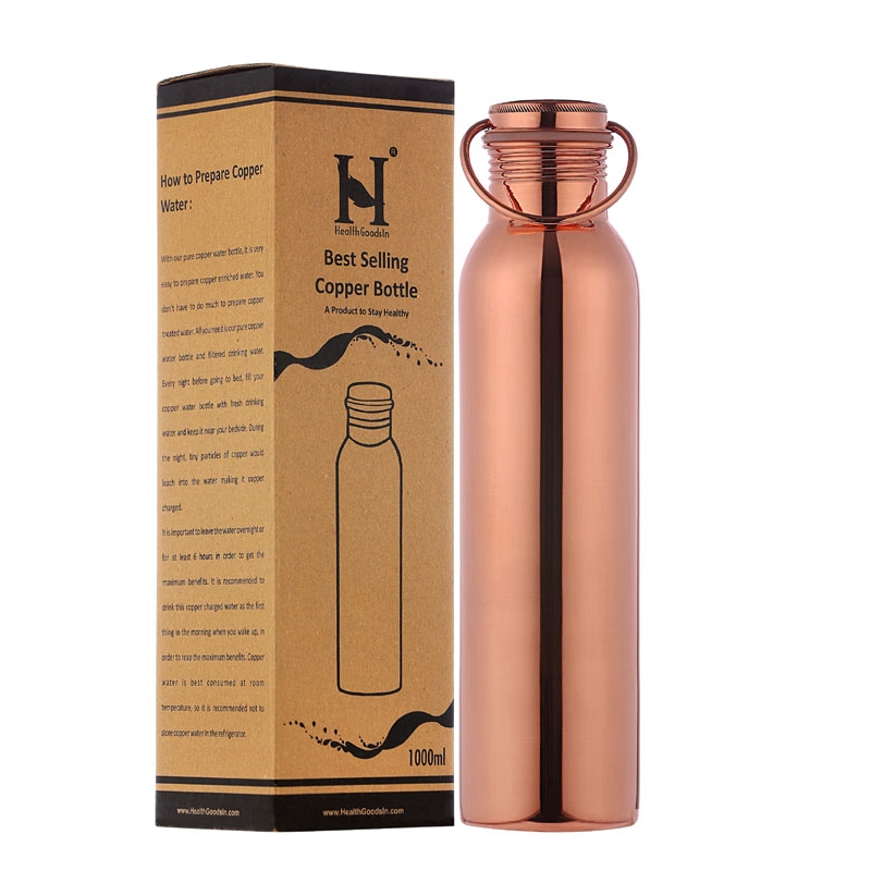 Plain Copper Water Bottle with Handle 1000 Ml Capacity