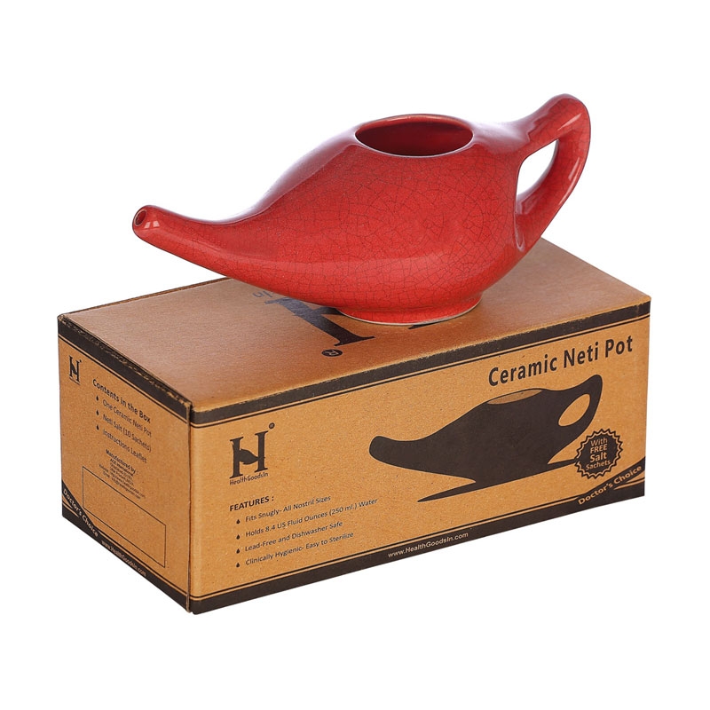 Premium Handcrafted Durable Ceramic Neti Pot Nasal Cleansing Dishwasher Safe with 2 Silicone Nozzle Tip Holds 225 Ml Crackle Pattern Red