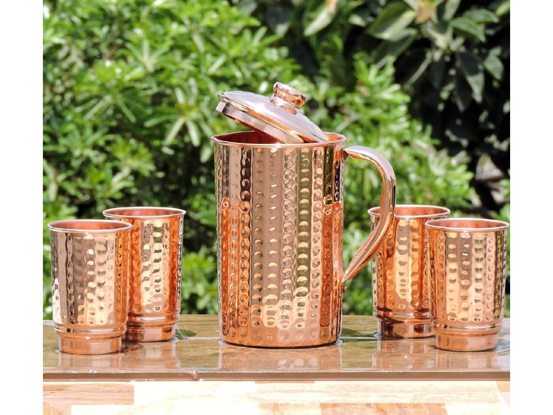 Pure Copper Hammered Pitcher with 4 Copper Tumblers 1.5 Liters