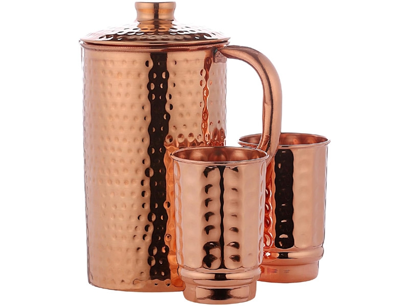 Pure Copper Hammered Water Jug with 2 Hammered Copper Tumblers 1.5 Liters