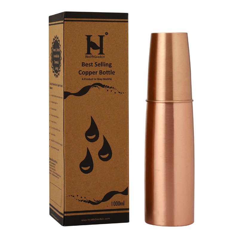 Pure Copper Matte Finish Bottle with Tumbler 900 Ml Capacity