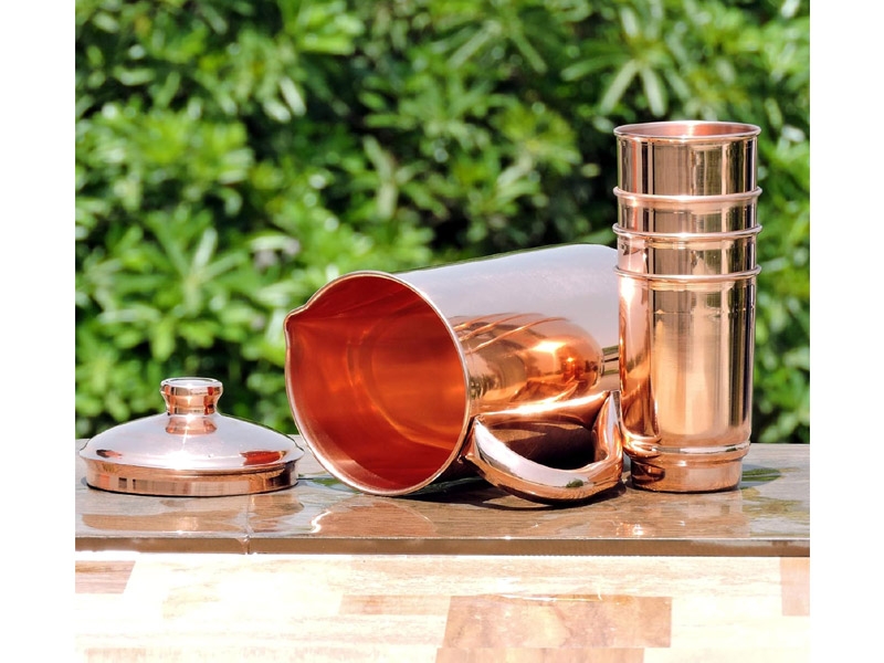 Pure Copper Pitcher with 4 Copper Tumblers Plain Style 1.5 Liters