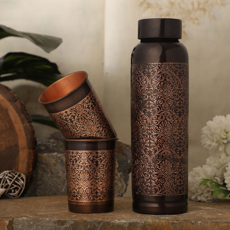Pure Copper Water Bottle with 2 Tumblers Set Beautiful Floral Pattern