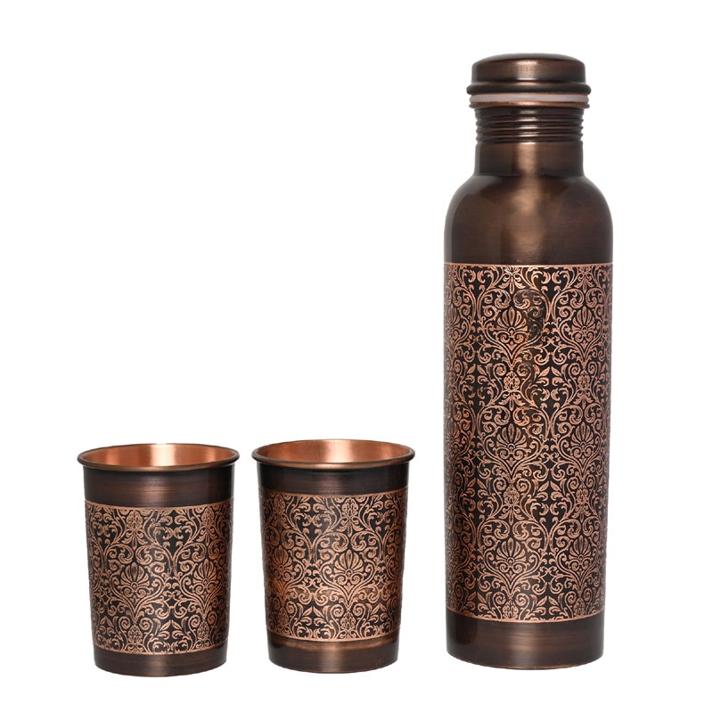 Pure Copper Water Bottle with 2 Tumblers Set Floral Beautiful Pattern