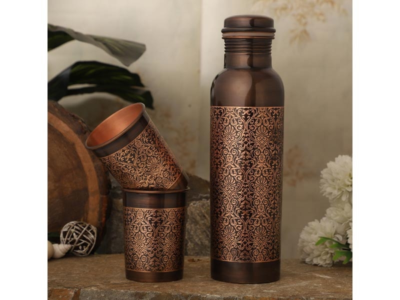 Pure Copper Water Bottle Set with 2 Tumblers Floral