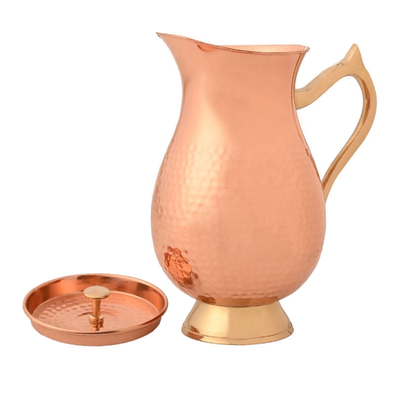 Pure Copper Water Hammered Jug with Lid and Brass Handle 1 Liter Capacity Traditional Style