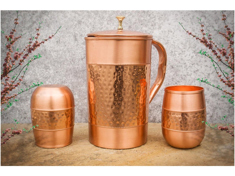 Pure Copper Water Jug with 2 Copper Barrel Glass Hammered and Plain Pattern 1.5 Liters