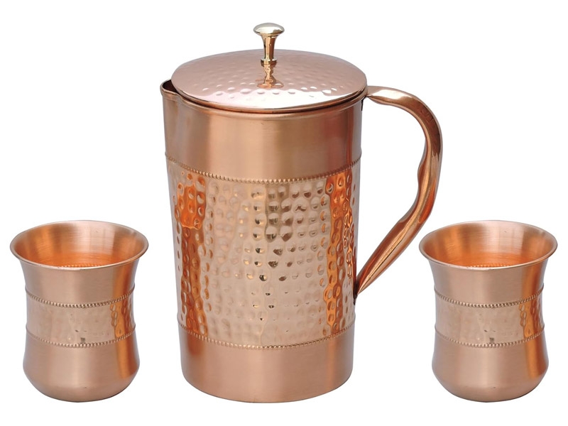 Pure Copper Water Jug with 2 Copper Curved Glass Hammered and Plain Pattern 1.5 Liters