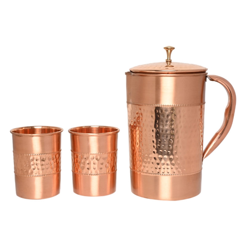 Pure Copper Water Jug with 2 Copper Tumblers Hammered and Plain Pattern With Straight Glass