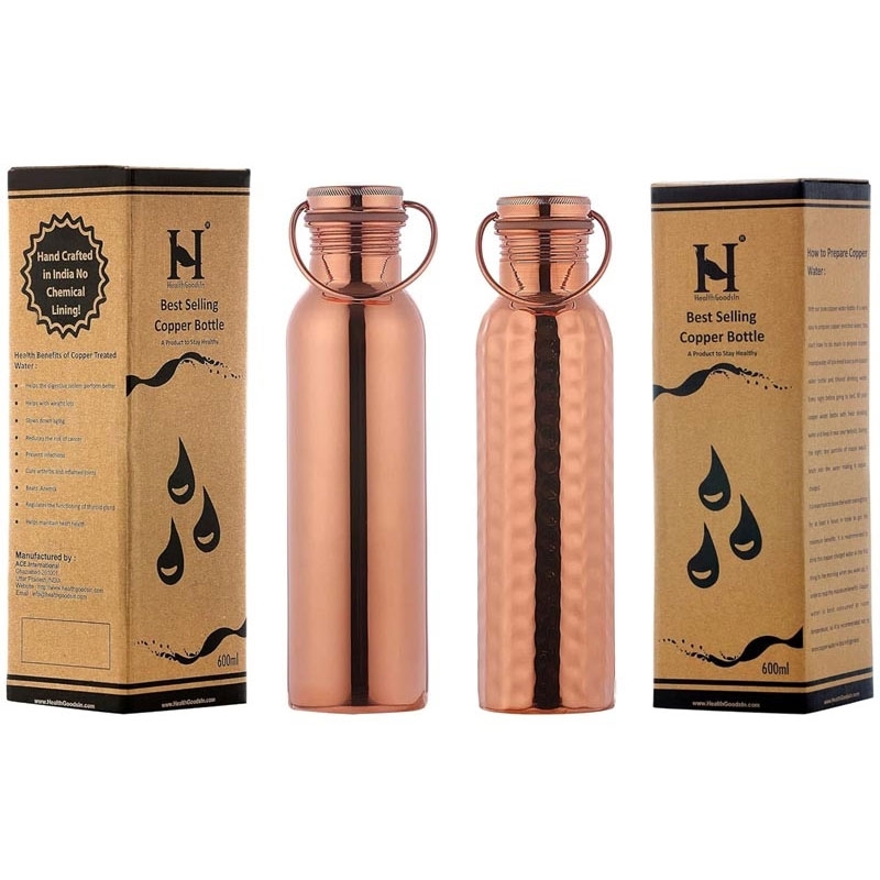 Set of 2 Copper Water Bottle with Handle Plain and Hammered 600 Ml Capacity
