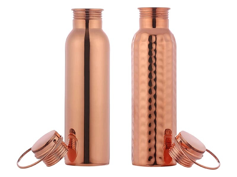 Set of 2 Copper Water Bottle with Handle Plain and Hammered 600 Ml
