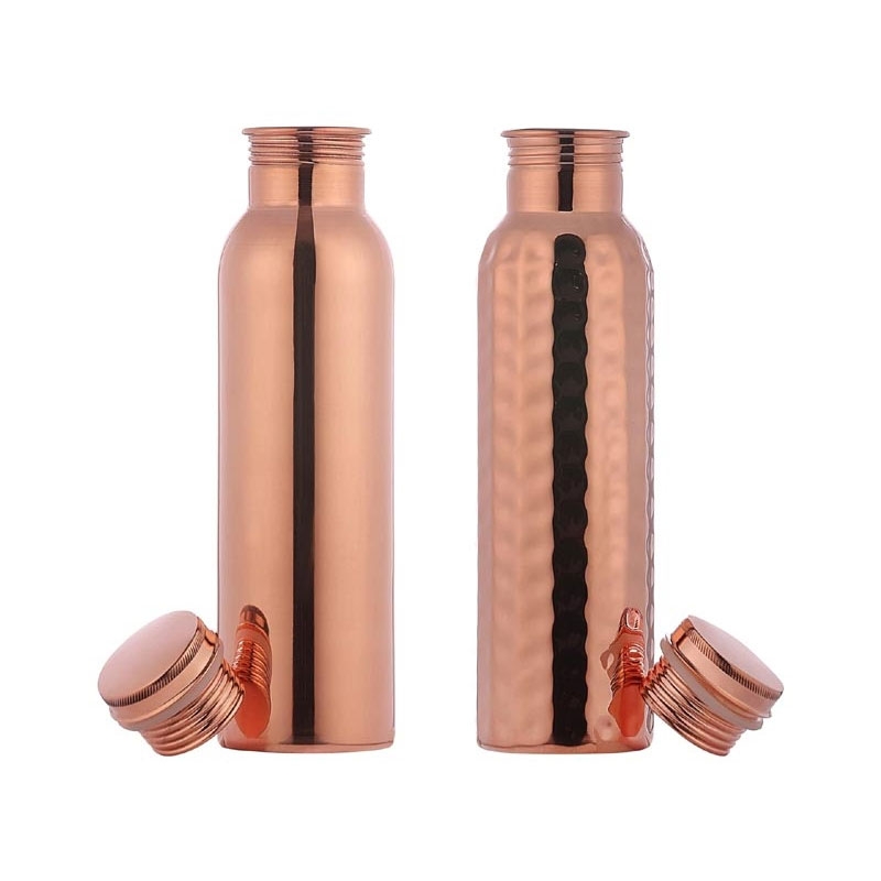 Set of 2 Copper Water Bottles Plain and Hammered 600 Ml Capacity