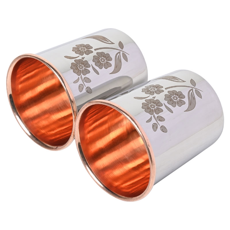 Set of 2 Outer Stainless Steel and Inner Pure Copper Tumbler 250 Ml Capacity Floral Pattern