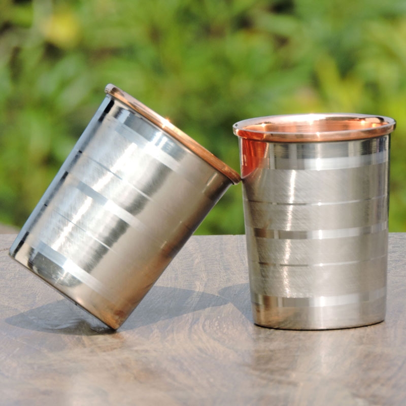 Set of 2 Outer Stainless Steel and Inner Pure Copper Tumbler For Ayurveda Health Benefits 250 Ml Capacity Lining Pattern