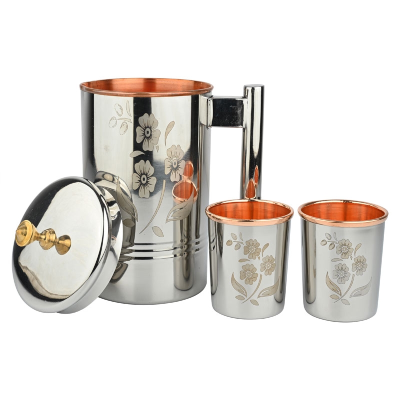 Stainless Steel and Pure Copper Water Pitcher with 2 Matching Tumblers Floral Pattern