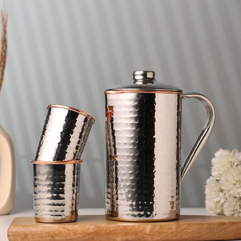 Stainless Steel and Pure Copper Water Pitcher with 2 Matching Tumblers Hammered Pattern