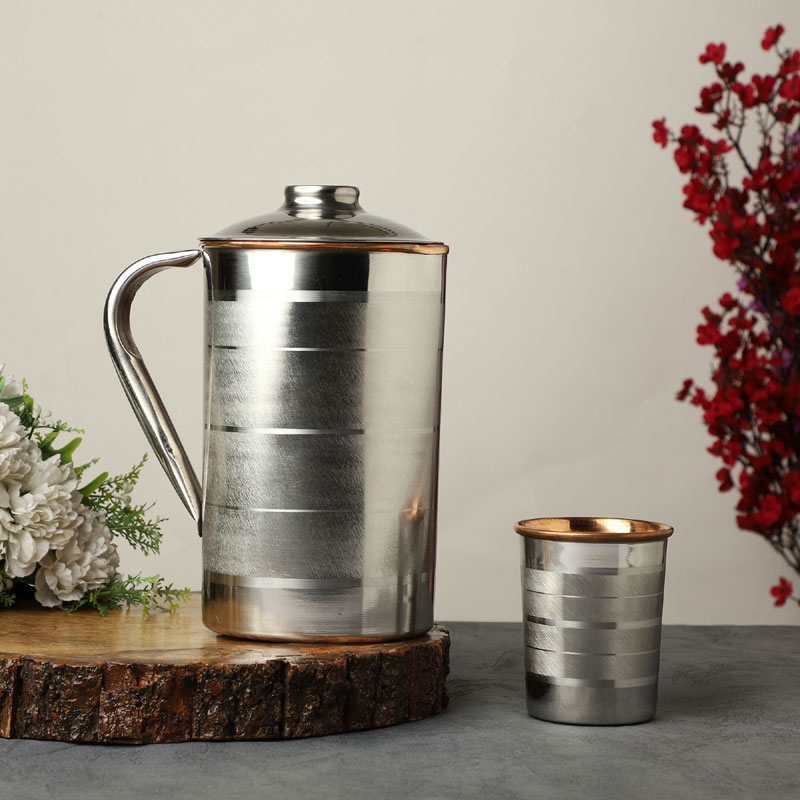 Stainless Steel and Pure Copper Water Pitcher with 2 Matching Tumblers Lining Pattern