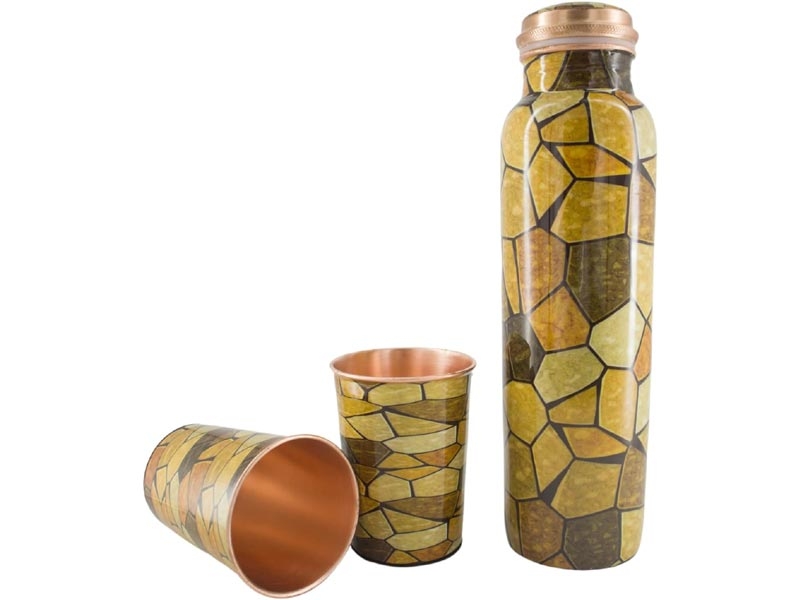 Pure Copper Water Bottle with 2 Tumblers Set Eco Friendly with GIFT PACKAGING Brown