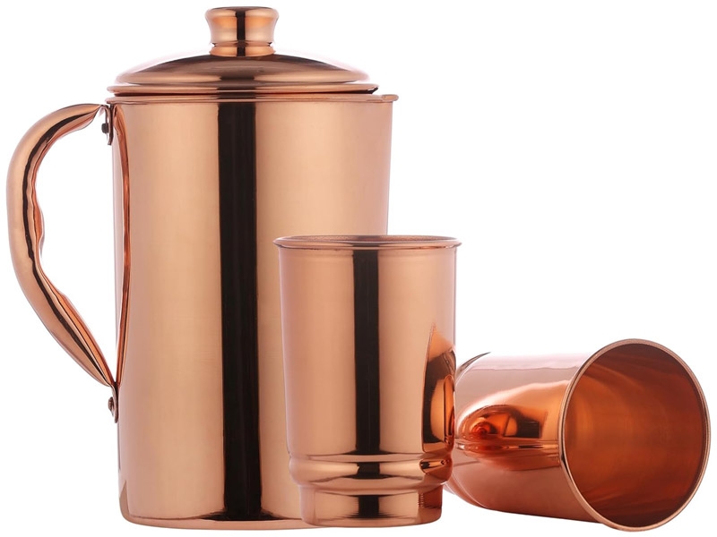Pure Copper Water Jug with 2 Copper Tumblers Plain Style 1.5 Liters