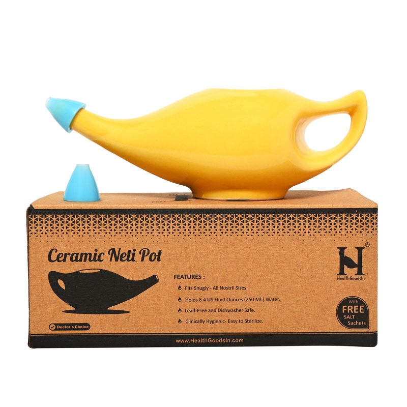 Ceramic Neti Pot Dishwasher Safe Premium Handcrafted with 2 Silicone Nozzle Tip and Salt for Sinus 225 Ml Capacity Yellow