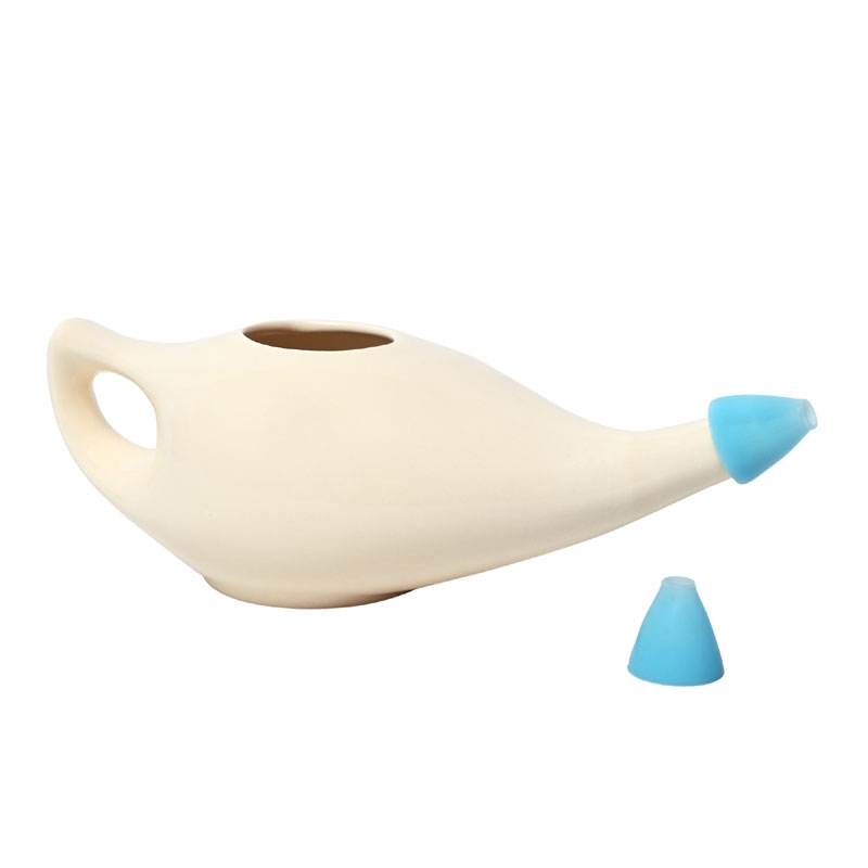 Ceramic Neti Pot Dishwasher Safe Premium Handcrafted with 2 Silicone Nozzle and Salt for Sinus 225 Ml Capacity Cream