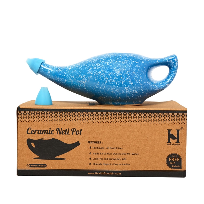 Ceramic Neti Pot with 2 Silicone Nozzle Tip 225 Ml Capacity Blue