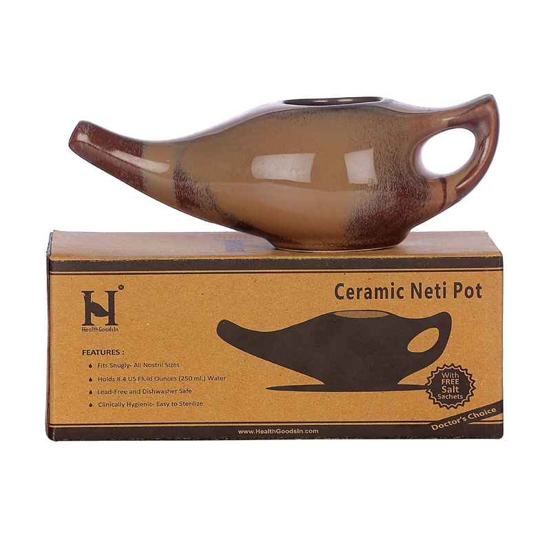 Ceramic Neti Pot with 2 Silicone Nozzle Tip 225 Ml Capacity Chocolate