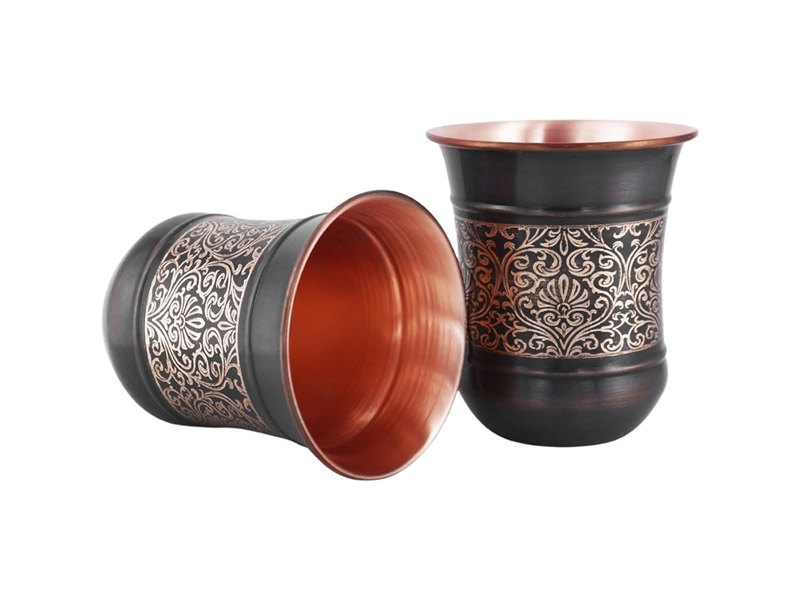 Copper Tumbler Set of 2 Floral Pattern 250 Ml Capacity Curved