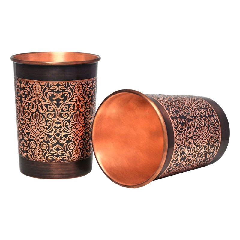 Copper Tumbler Set of 2 Floral Pattern 250 Ml Capacity Straight