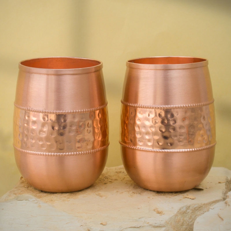 Copper Tumbler Set of 2 Hammered and Plain 250 Ml Capacity Barrel