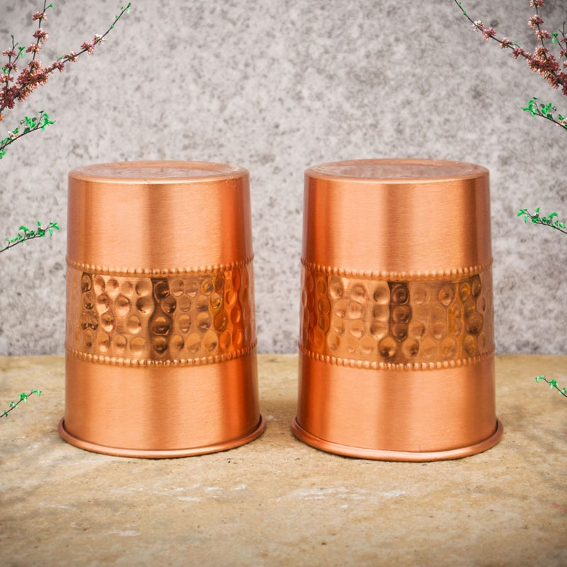 Copper Tumbler Set of 2 Hammered and Plain 250 Ml Capacity Straight