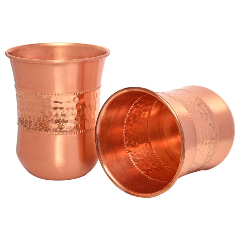 Copper Tumbler Set of 2 Hammered and Plain 250 Ml  Capacity Curved