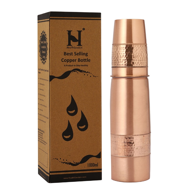 Copper Water Bottle 900 Ml with Tumbler Hammered and Plain Pattern