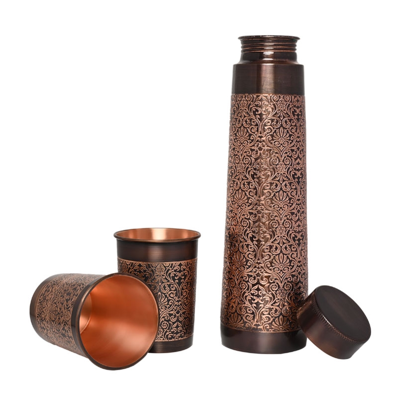 Copper Water Bottle with 2 Matching Tumbler Set Elegant Etching Pattern