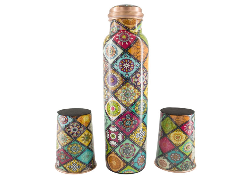 Copper Water Bottle with 2 Matching Tumbler Set Mandala Design
