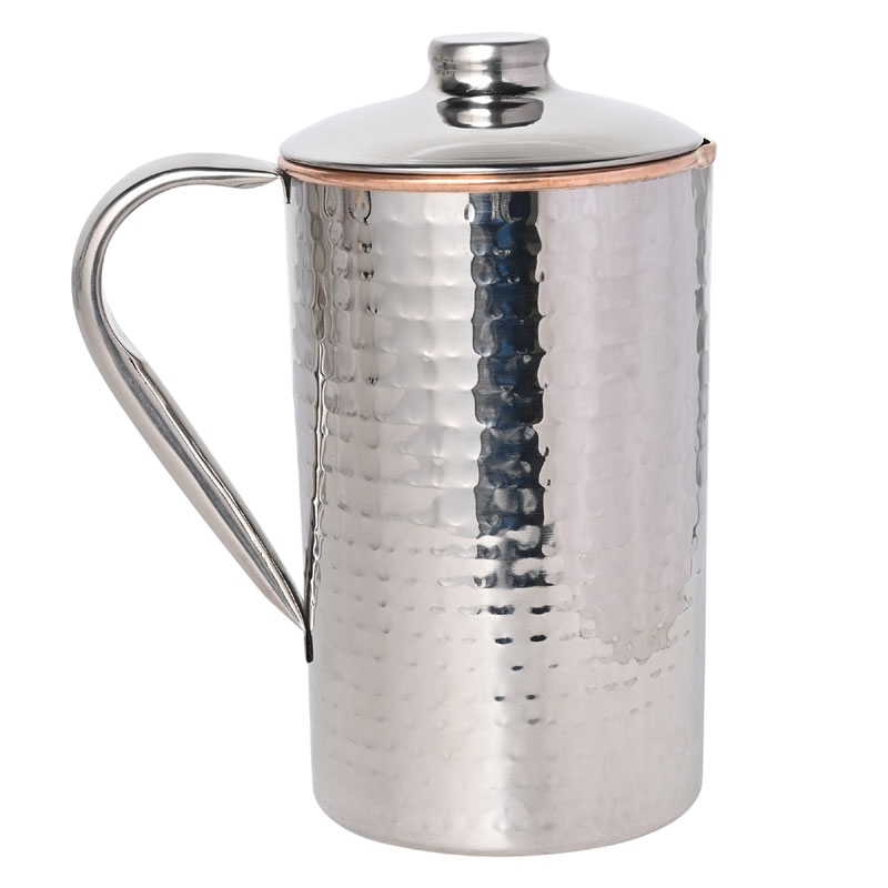 Copper and Stainless Steel Jug Outer Stainless Steel and Inner Copper Jug Hammered Pattern
